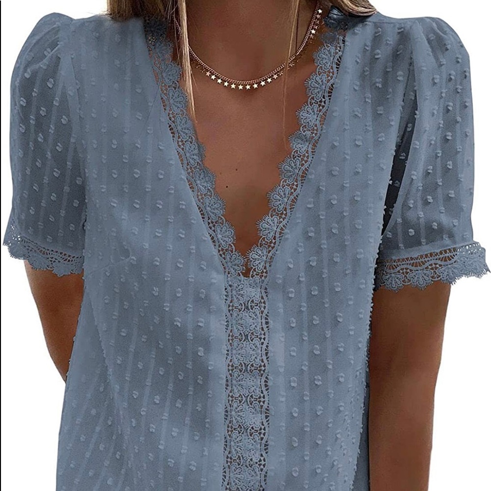 Womens Sexy Lace V Neck Tops Casual Jacquard Pom Pom Shirt